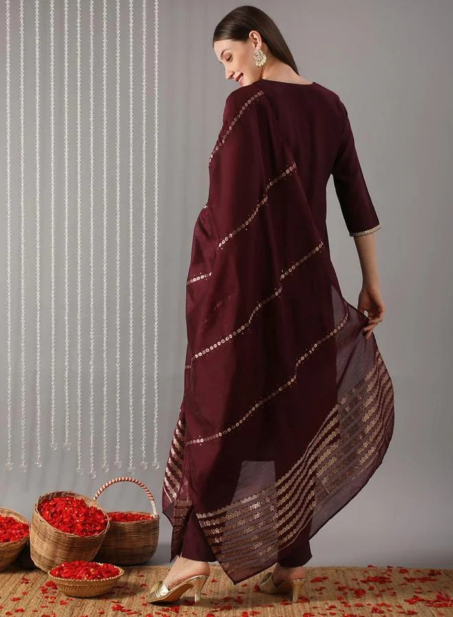 globus Women Wine Round Neck Straight Kurta with Pant and Dupatta Set